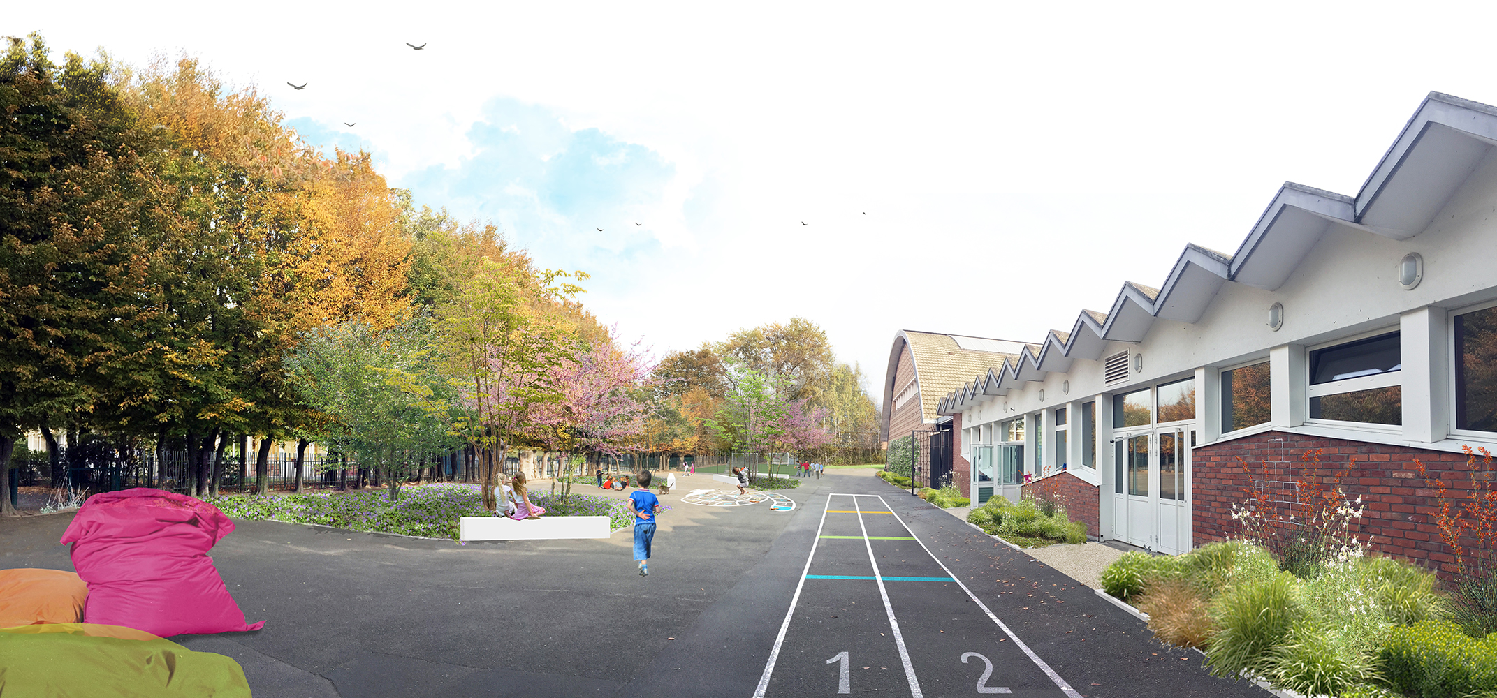 proposition aménagement paysagiste conseil photomontage cour école groupe scolaire Concorde Mons-en-Baroeul