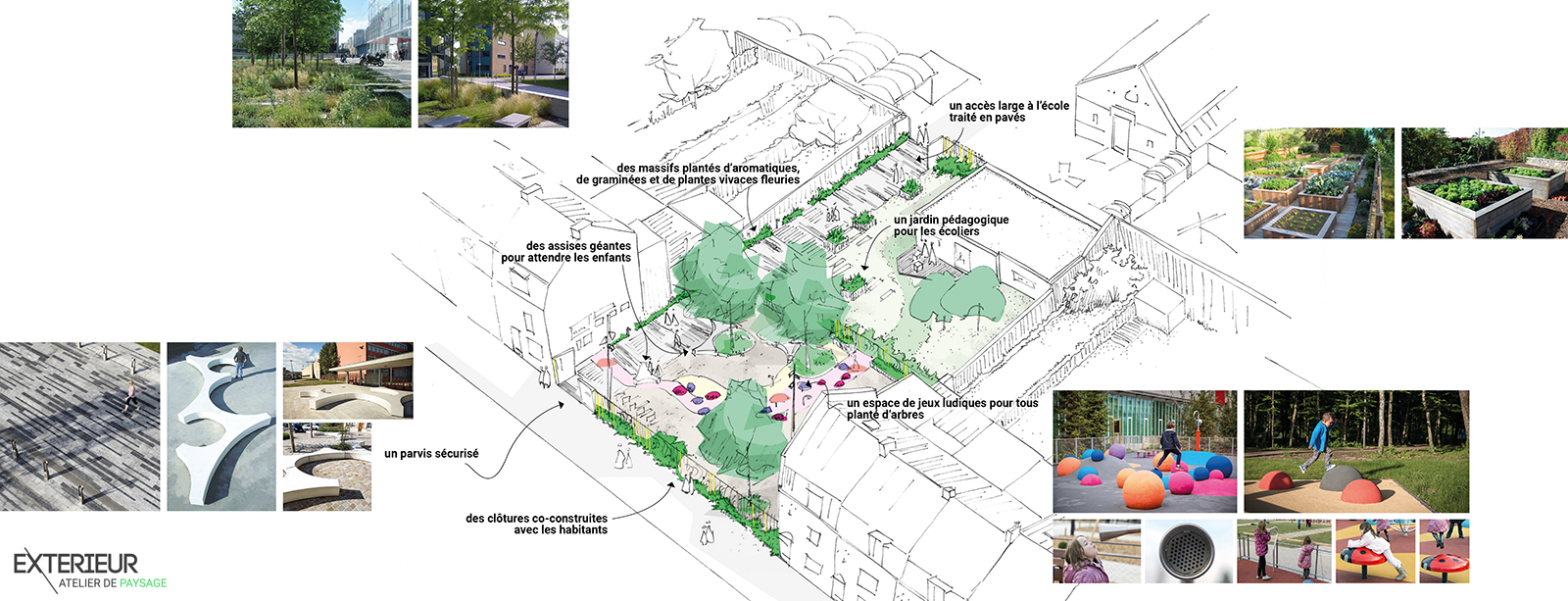 croquis projet aménagement espaces publics parvis de l'école lucie aubrac saint-pierre croix