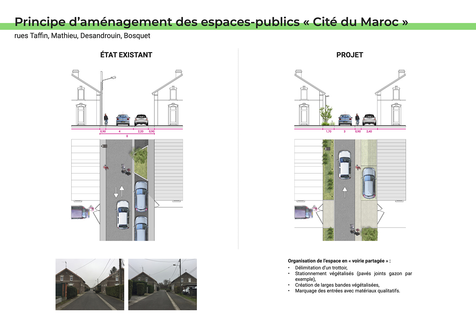 Coupe de principe avant / après projet d'aménagement urbain et paysager rues cité Agache