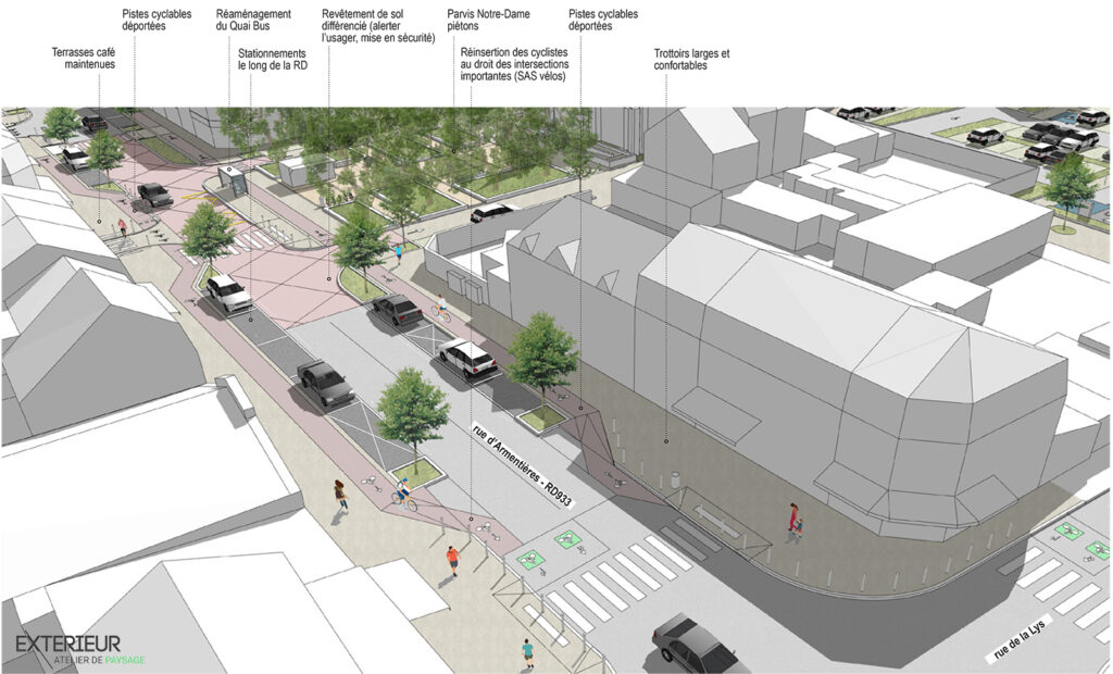 Vue 3D du projet de requalification de la RD933 entre la rue de la Lys et la rue Faidherbe quartier Notre Dame Pont de Nieppe